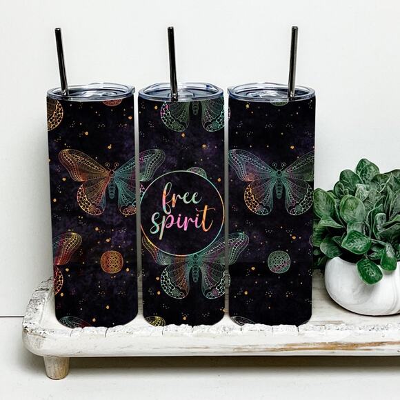 Free Spirit Butterfly 20oz Tumbler With Metal Straw - Picture 1 of 2